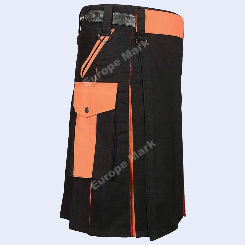 Black orange utility kilt for men 